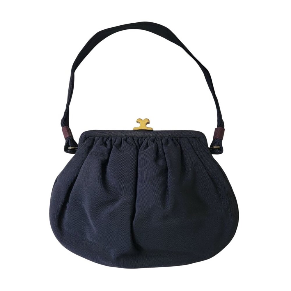 JR USA Vtg Navy Blue Evening Purse Handbag w/ Brass Clasp & Purple Satin Lining